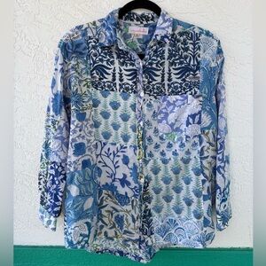 Mary Marshmallow Cotton Floral Patchwork Design Button Down Blouse Blue Small